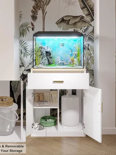 20 Gallon Fish Tank Stand with Charging Station, White Tank Stand with Drawer