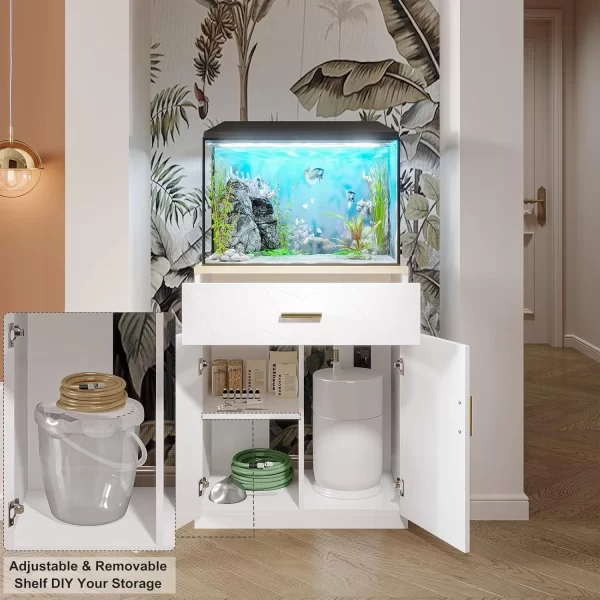 20 Gallon Fish Tank Stand with Charging Station, White Tank Stand with Drawer
