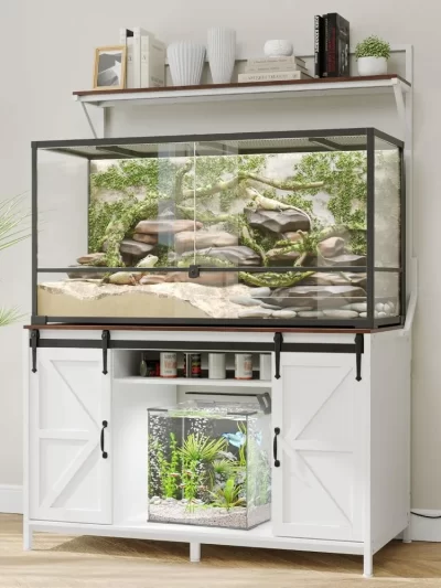 Farmhouse Reptile Tank Stand with Power Outlet, 48" X 24" Tabletop Fits up 120 Gallon Bearded Dragon Tank, Heavy Duty Aquarium