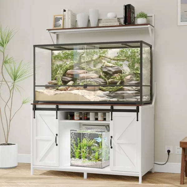 Farmhouse Reptile Tank Stand with Power Outlet, 48" X 24" Tabletop Fits up 120 Gallon Bearded Dragon Tank, Heavy Duty Aquarium