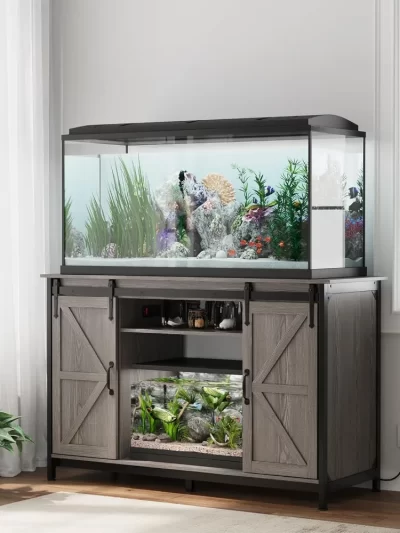 Farmhouse 55-75 Gallon Fish Tank Stand with Power Outlet, Aquarium Stand with Storage Cabinet and Sliding Barn Door