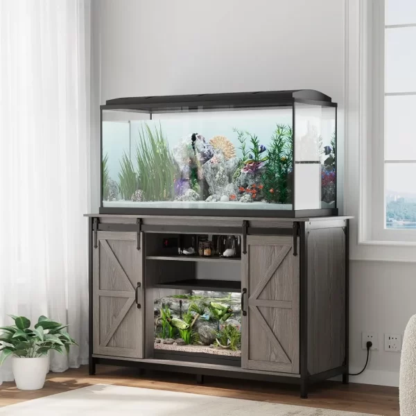 Farmhouse 55-75 Gallon Fish Tank Stand with Power Outlet, Aquarium Stand with Storage Cabinet and Sliding Barn Door