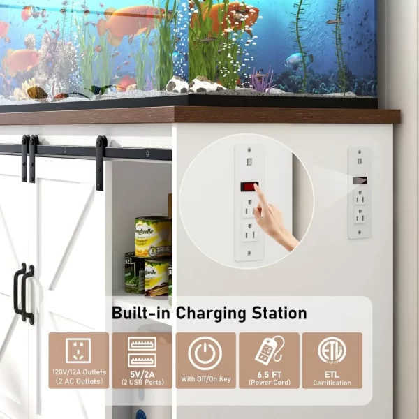 Farmhouse 55-75 Gallon Fish Tank Stand with Power Outlet, Aquarium Stand with Cabinet & Sliding Barn Door, Grey or White - Image 4