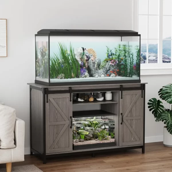 Farmhouse 55-75 Gallon Fish Tank Stand with Power Outlet, Aquarium Stand with Storage Cabinet and Sliding Barn Door - Image 6