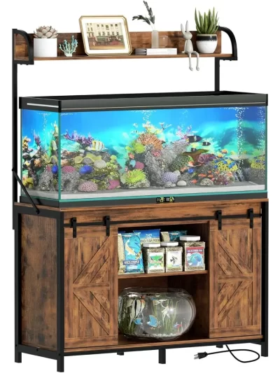 55-75 Gallon Fish Tank Stand with Power Outlets, Heavy Duty Metal Frame Aquarium Stand with Barn Door, Turtle Reptile Terrariums