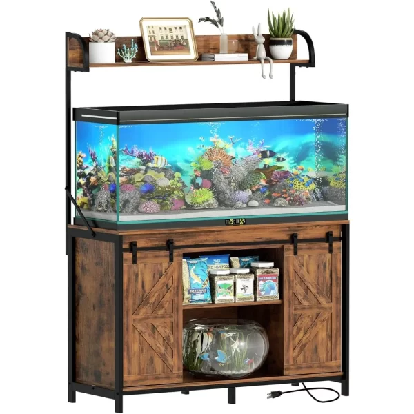 55-75 Gallon Fish Tank Stand with Power Outlets, Heavy Duty Metal Frame Aquarium Stand with Barn Door, Turtle Reptile Terrariums