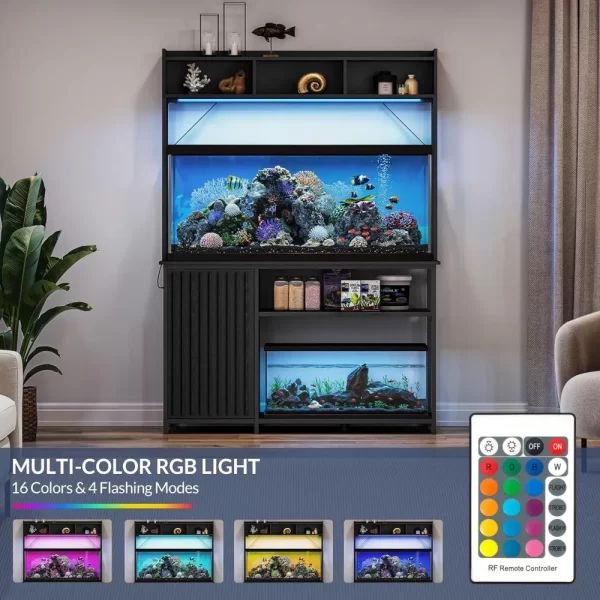 55-90 Gallon Aquarium Stand with LED Lights, Fluted Cabinet For Fish Tank Accessories Storage, Heavy Duty Metal & Power Outlets - Image 3