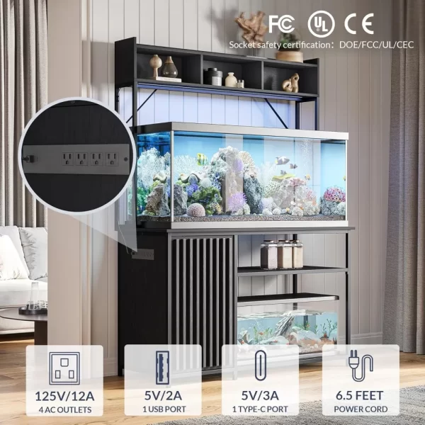 55-90 Gallon Aquarium Stand with LED Lights, Fluted Cabinet For Fish Tank Accessories Storage, Heavy Duty Metal & Power Outlets - Image 4