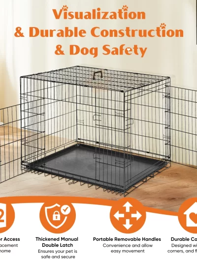 JHK Double Door Folding Metal Wire Dog Crate with Plastic Leak-Proof Pan Tray Extra Large Pet Kennel