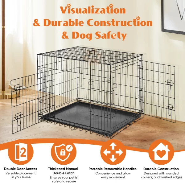 JHK Double Door Folding Metal Wire Dog Crate with Plastic Leak-Proof Pan Tray Extra Large Pet Kennel