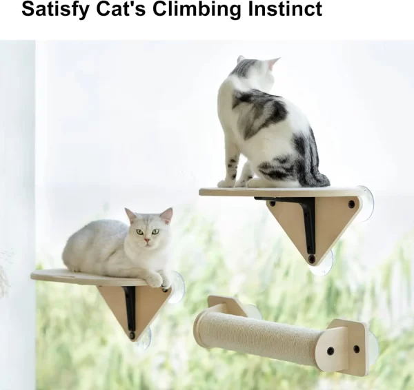 Mewoofun Cat Window Perch Hammock with Climbing Steps and Scratching Post Wooden Window Mounted Cat Bed for Indoor Cats - Image 2