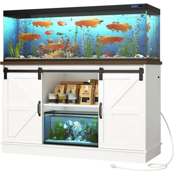 Farmhouse 55-75 Gallon Fish Tank Stand with Power Outlet, Aquarium Stand with Cabinet & Sliding Barn Door, Grey or White - Image 2