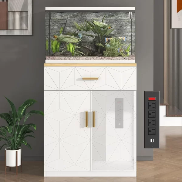 20 Gallon Fish Tank Stand with Charging Station, White Tank Stand with Drawer - Image 2