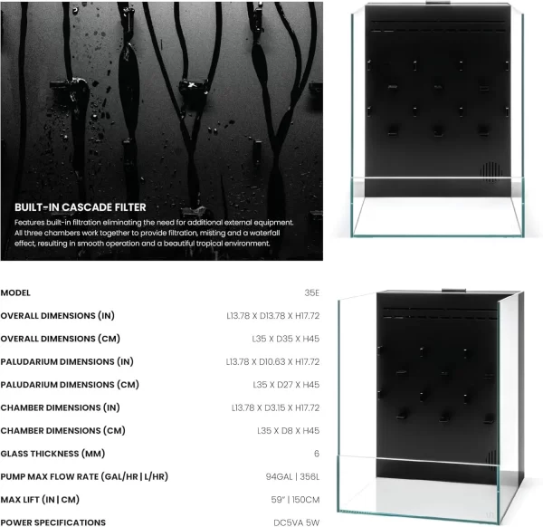 Integrated Paludarium Tank - All in One Aquarium w/Waterfall, Mist Maker, Water Pump, Modern Fish Tank w/Filtration - Image 4