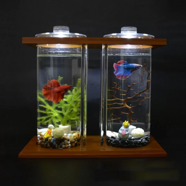 Glass Betta Fish Tank Bamboo Base Mini Aquarium Fish Tank