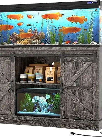Farmhouse 55-75 Gallon Fish Tank Stand with Power Outlet, Aquarium Stand with Cabinet & Sliding Barn Door, Grey or White