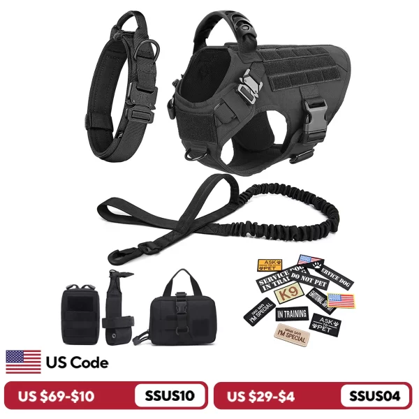 Military Large Dog Harness Collar Leash Bags Patches Set Training Vests Tactical Dogs Harnesses - Image 2