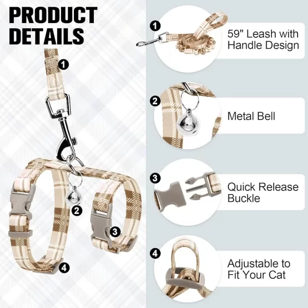 Adjustable Cat Harness Leash Set Escape Proof Soft Vest Kitten Walking Control Comfortable Durable Plaid Design Easy Use - Image 2