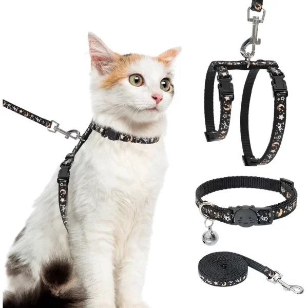 Adjustable Escape Proof Cat Harness Leash Collar Set Glow in The Dark H-shaped Star Moon Pattern