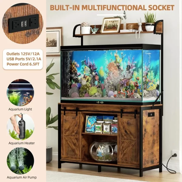55-75 Gallon Fish Tank Stand with Power Outlets, Heavy Duty Metal Frame Aquarium Stand with Barn Door, Turtle Reptile Terrariums - Image 3