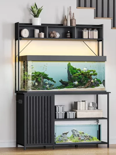 55-90 Gallon Aquarium Stand with LED Lights, Fluted Cabinet For Fish Tank Accessories Storage, Heavy Duty Metal & Power Outlets