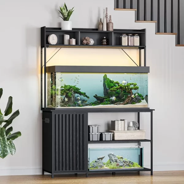 55-90 Gallon Aquarium Stand with LED Lights, Fluted Cabinet For Fish Tank Accessories Storage, Heavy Duty Metal & Power Outlets